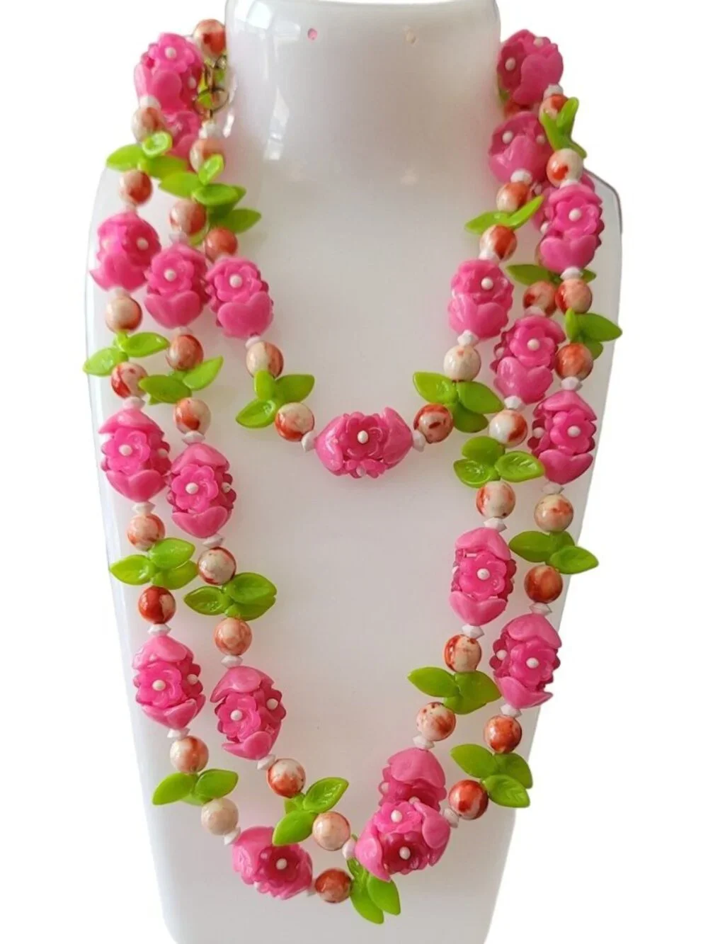 Pink Plastic Cap Flowers, Leaf Bead Necklace, 50” Long E300